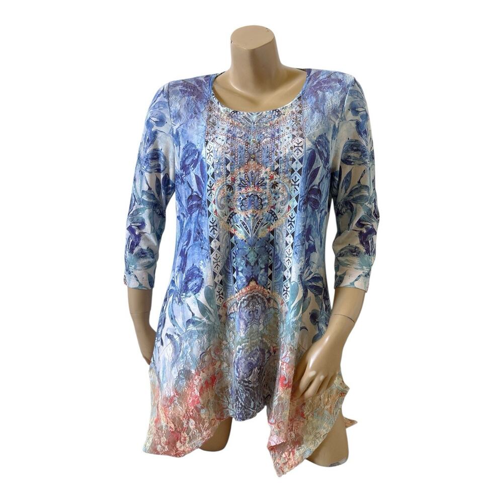 One World Tunic Top Womens L Floral Lace Trim Sharkbite Hem Studded 3/4 Sleeve